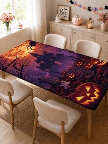 1pc Halloween Elastic Rectangular Tablecloth, Full Moon Haunted House Pumpkin Ghost Print, Outdoor Yard Party, Halloween Popular Decoration, Holiday Banquet Table Protector - C - View 3