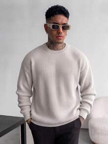 Men's Autumn/Winter Basic Solid Color Casual Fitted Lightweight Sheer Polyester Pique Texture Niche Design Long Sleeve Drop Shoulder Crew Neck Pullover Sweater - Beige - View 3