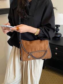 1pc New Fashion Flap Suede Bag, Rivet Chain Women's Shoulder Bag Crossbody Bag, Suitable For University, Commuting, Shopping, Street Shopping, Daily Use. - Brown - View 4