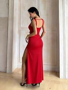 1pc Solid Color Elegant Knitted Fabric Slit Dress Beach Summer - Red - View 4