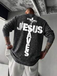 男士十字架 JESUS 字樣背印落肩寬鬆圓領長袖 T 恤 - 黑色 - 查看 1