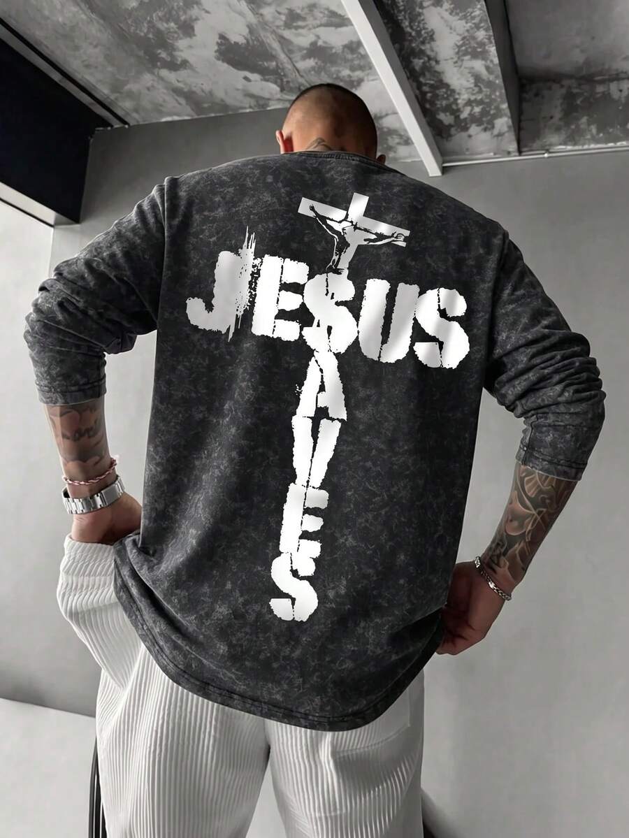 男士十字架 JESUS 字樣背印落肩寬鬆圓領長袖 T 恤 - 黑色 - 查看 1
