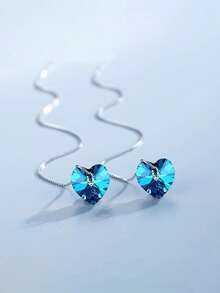 1 Pair S925 Sterling Silver Minimalist Luxury Cool Tone Ins Blue Heart Long Earline French Fashion Gentle Atmosphere Elegant Niche Design Ocean Heart Tassel Heart-Shaped Women's Earrings Fresh Elegant Personality High-End Party Versatile Accessory Gift - Love - View 3