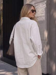 1pc Women's Solid Color Pointed Collar Blouse, Folded Cuff Loose Drop Shoulder Long Sleeve Commuter Versatile All-Match Shirt White - White - View 2