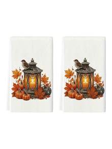 2pcs/4pcs Autumn Thanksgiving Kitchen Towels, Vintage Lantern Bird Pumpkin Maple Leaf Print, Harvest Home Decor Hand Towels - Multicolor - View 4