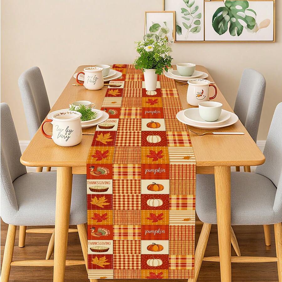 1 Pc Thanksgiving Patchwork Turkey Pumpkin Maple Leaf Fall Table Runner Washable Suitable For Outdoor Indoor Party Kitchen Home Dining Table Center Can Be Used For Living Room Rectangular Dining Table Restaurant Decoration - Orange - View 1
