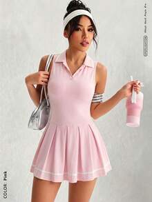 Women's Sleeveless Polo Collar One-Piece Tennis Dress, Cloud Soft Elastic Fabric With Contrast White Trim, Pleated Sport Dress With Built-In Anti-Exposure Safety Shorts, Side Large Pockets For Phone, Slim Fit Waist-Flattering, Quick-Dry Breathable, Fitness Badminton Golf Skirt, Outdoor Running Training Casual Preppy Style Energetic Girl Sports Dress - Pink - View 2