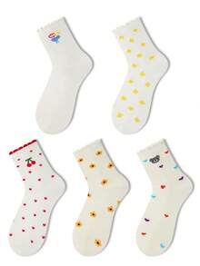 ZUJO 5 Pairs Women's Mid-Calf Socks, Floral, Star, Bear, Cherry, Heart Patterns, Suitable For Daily Wear, Suitable For All Seasons, Simple And Comfortable, Random Color Shipment - Multicolor - View 7