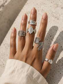 Stainless Steel European & American Vintage 5pcs Personalized Ring Set, Snake & Leaf Hollow Texture Open Rings, Women's Minimalist Versatile Stackable Street Style Daily Fashion Jewelry - Geometric 5-piece - View 6