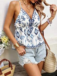 Women's Bohemian Style Spaghetti Strap Backless Tank Top, Flared Hem Woven Fabric Cropped Vest, Suitable For Summer Wear - Blue and White - View 2