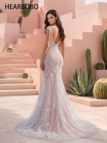 HEARBOBO Elegant Bohemian Deep V-Neck Cap Sleeve Backless Long Wedding Dress, Exquisite Embroidery Sequin Decor, Vintage Romantic Bridal Gown Fall - Apricot - View 2