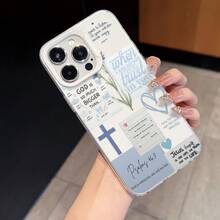 HANCAI 1pc Blue Tone Scrapbook Style Cross Bible English Quote Floral Heart Print Phone Case, Large Window Camera Frame Full Coverage Soft Shell, Compatible With IPhone17/17Pro/17ProMax/16/16Plus/16ProMax/16e/15ProMax/11/12/12Pro/12ProMax/13/13Pro/13ProMax/14/14Pro/14ProMax, Ins Fresh Artistic Anti-Drop Phone Protective Cover - White Frame, Sand White - View 2