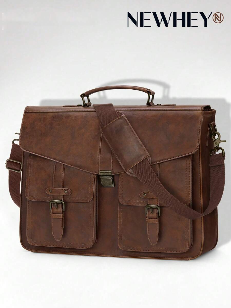 NEWHEY Men's PU Leather Messenger Bag, 17 Inch Laptop Briefcase Satchel Bag, Large Capacity Shoulder Crossbody Bag For Work Office Business Travel