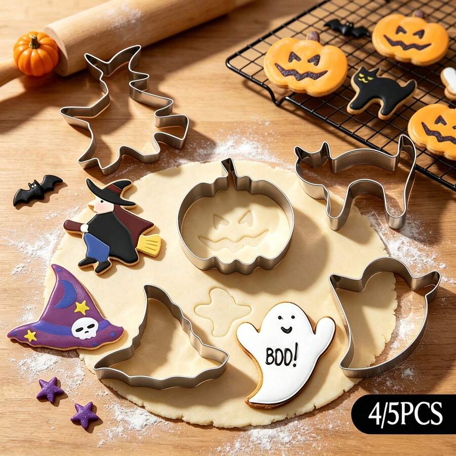 Multi‑Use 4/5Pcs Halloween Metal Cookie Cutters Set, Food‑Grade Stainless Steel Molds For Biscuit, Fondant, Polymer Clay, Assorted Spooky Shapes For Holiday Baking & Art Craft Projects - View 1