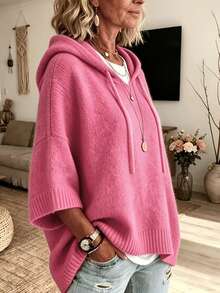 Women's Elegant Casual Cute Hooded Sweatshirt Mid-Sleeve Knit Sweatshirt Warm - Hot Pink - View 4