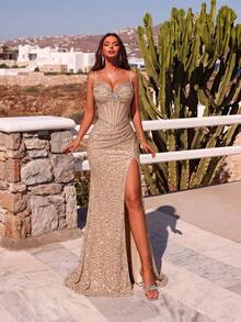 ADYCE Elegant Luxury Spaghetti Strap Waisted Backless Bodycon Tie-Back Sequin Fishbone High-Slit Prom Gown Homecoming Wedding Guest Formal Dinner Birthday - Champagne - View 5
