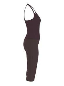 Women's Casual V-Neck Ribbed Knit Tank Top & Fitted Capri Pants Solid Color 2-Piece Set Summer Outfit Brown Elegant - Brown - View 10