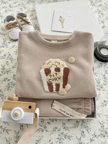 2Pcs/Set Infant/Toddler Popcorn Fleece Embroidered Sweatshirt Set, Spring/Autumn Round Neck Long Sleeve Top & Solid Color Casual Pants, 2 Pieces Children's Outfit - Khaki - View 8