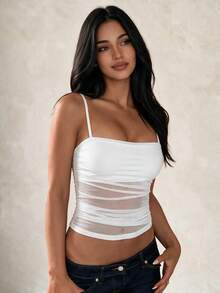 Women's Sexy Mesh Contrast Ruched Solid Color Fitted Clubwear Party Vacation Casual Street Cropped Camisole Tank Top White Summer - White - View 1