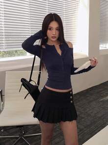 Kaos Rajut Lengan Panjang 2-in-1 Wanita, Atasan Lapisan Dasar Slim Fit yang Menawan, Musim Gugur - Navy Blue - View 4