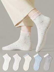 ZUJO 5 Pairs Multicolor Polka Dot Ruffle Trim Short Socks, Cute Polka Dot Pattern, Breathable And Comfortable, Suitable For Spring, Summer And Autumn Wear, Random Color Shipment - Multicolor - View 1