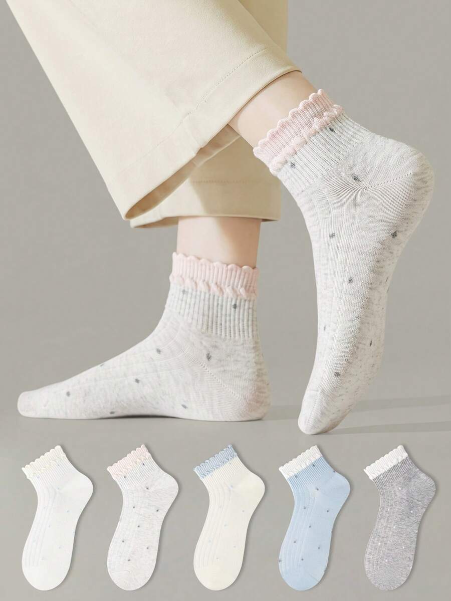 ZUJO 5 Pairs Multicolor Polka Dot Ruffle Trim Short Socks, Cute Polka Dot Pattern, Breathable And Comfortable, Suitable For Spring, Summer And Autumn Wear, Random Color Shipment - Multicolor - View 1