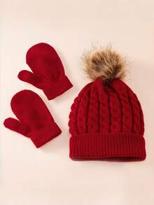 Autumn/Winter Kids Small Braid Pom Pom Hat, Scarf And Gloves 3 Pieces Set, Soft And Warm - 3pcs - View 4