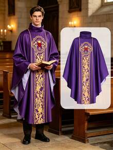 [Purple Vintage Printed Robe]Elegant Purple Satin Robe With Exquisite Gold Print, High Collar Cape Design, Fantasy Character Style, Perfect For Halloween, Religious Themed Events, Cosplay, Vintage Ceremonies, And Stage Performances. - Purple - View 1