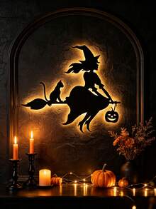 1 Peça Decoração de Parede de Ferro Bruxa Voadora, Bruxa Montada em Vassoura com Silhueta de Gato Preto e Abóbora, Decoração de Jardim, Adequado para Sala de Estar, Lareira, Varanda, Quintal, Jardim, Decoração de Festa de Halloween, Melhor Presente de Decoração para Casa para Amigos/Família - Gato Bruxo - Visão 6