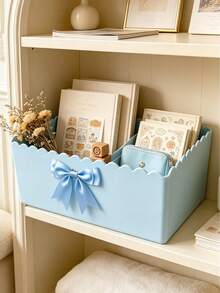 Cream Ribbon Bow Storage Box, Sweet Bow Cosmetic Storage Box, Stationery Organizer, Bedroom Storage Container, Student Desk Stationery Holder, Household Sundries Storage Basket, Office Desk Decor, Accessories Storage Box - Multicolor - View 3