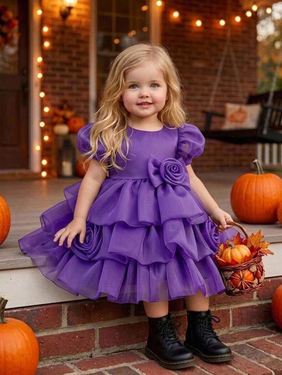 Baby Girls Puff Sleeve Floral Organza Cute First Birthday Dress, Suitable For Flower Girl Wedding, Headband Not Included - Purple - View 1