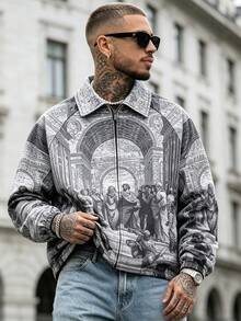 Men's Spring/Autumn Renaissance Print All-Over Zipper Jacket, Raglan Sleeve, Turn-Down Collar, Hip-Hop Street Style Casual Jacket - Grey - View 3