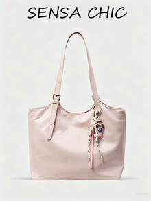 Solid Color Soft Tote Bag With Cute Plush Doll Buckle, Adjustable Strap, Casual Large Shoulder Bag For Women, Travel, School, Outdoor, Shopping, Daily Use, Popular Versatile Accessory - Pink - View 1