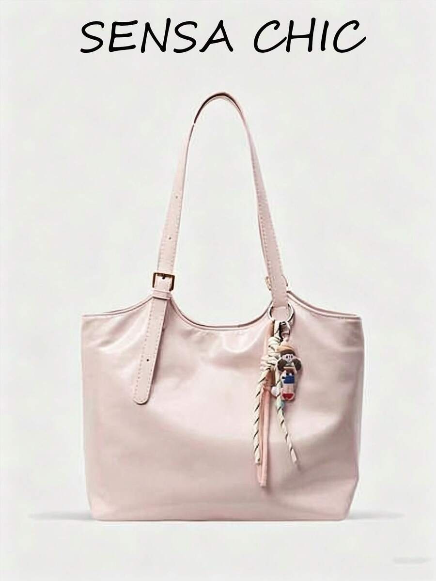 Solid Color Soft Tote Bag With Cute Plush Doll Buckle, Adjustable Strap, Casual Large Shoulder Bag For Women, Travel, School, Outdoor, Shopping, Daily Use, Popular Versatile Accessory - Pink - View 1