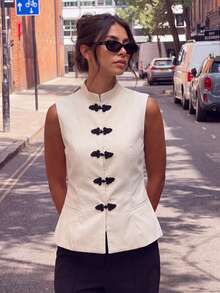 GMFP Women's New Chinese Style Frog Button Stand Collar Sleeveless Top Casual - Beige - View 4