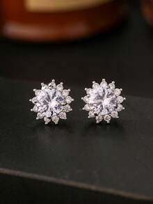 1 Pair Round Cubic Zirconia Stud Earrings, Silver Color, Unisex, Suitable For Daily Wear, Gift For Girlfriend - Hoop Earrings - View 3