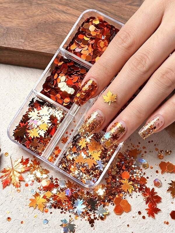 1 Kotak 6 Kotak Payet Kuku Daun Maple Musim Gugur, Serpihan Glitter Heksagon Campuran Musim Gugur, Dekorasi Seni Kuku Daun Cokelat Emas Oranye, Untuk Halloween Thanksgiving Manikur DIY Perlengkapan Salon Kuku