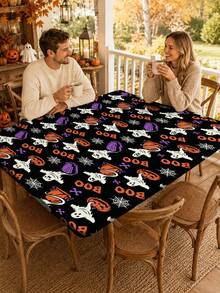 1pc Halloween Elastic Rectangular Tablecloth, Full Moon Haunted House Pumpkin Ghost Print, Outdoor Patio Party, Halloween Popular Decoration, Holiday Banquet Table Protector - A - View 10