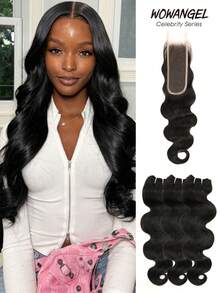 WOWANGEL 1PC 2x6 Skinlike Real HD Lace Closure With 3 Bundles Body Wave Real Human Hair, 0.095mm Ultra-Thin HD Lace, Tiny Knots, Brazilian Virgin Hair , Pre-Plucked With Natural Hairline - Natural Black - View 1