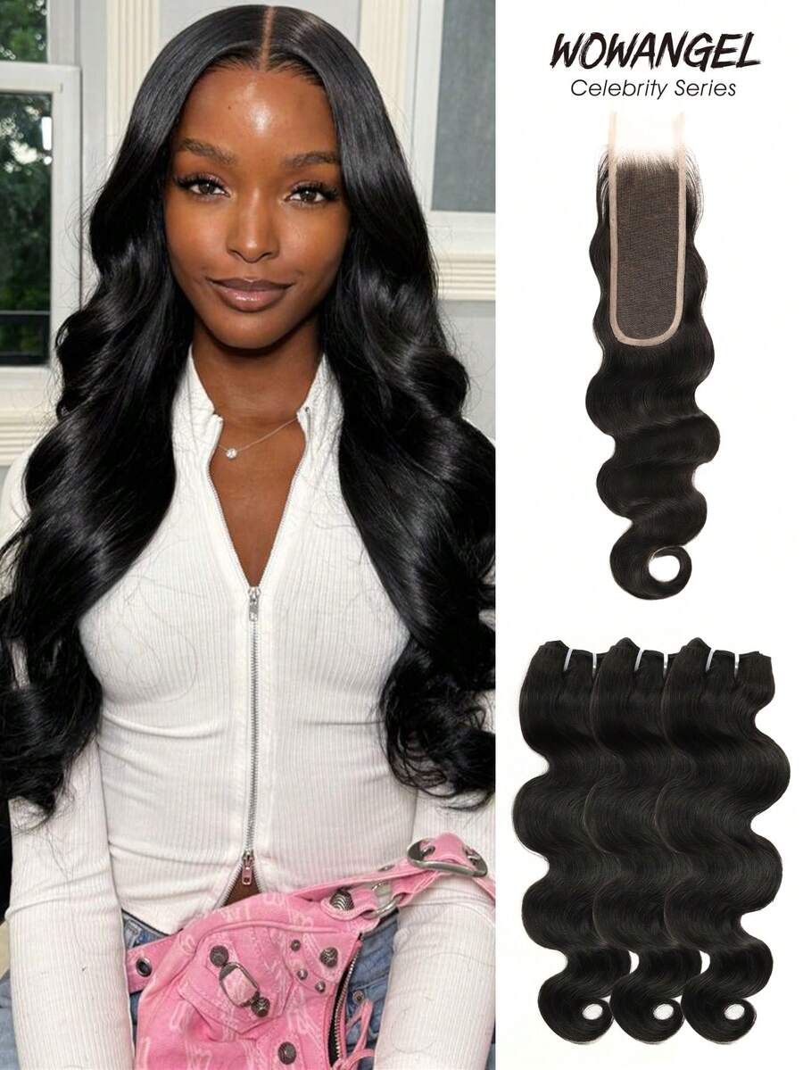 WOWANGEL 1PC 2x6 Skinlike Real HD Lace Closure With 3 Bundles Body Wave Real Human Hair, 0.095mm Ultra-Thin HD Lace, Tiny Knots, Brazilian Virgin Hair , Pre-Plucked With Natural Hairline - Natural Black - View 1