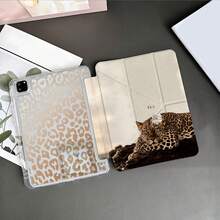 1pc Neutral Beige Leopard & Floral Art Print Y-Shape Tri-Fold Tablet Protective Case, Built-In Pencil Slot, Transparent Back Cover With Pencil Holder, Multi-Angle Stand, Compatible With IPad 10.9/10.2/Air 5/Pro 11/10/9.7/Air 2/7/8/Air 4/5/Air 13/11(A16 2025), Compatible With Oppo Pad, Compatible With Huawei MatePad, Compatible With Honor Tablet - Multicolor - View 4