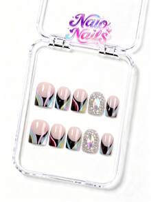 NAIO 10pcs/Set Y2K Handmade Press-On Nails, Nude Base With Multi-Color V-Shaped French Tips, Full AB Rhinestone Embellished, Glamorous Party Style, Suitable For Daily Wear, 3 Sizes Coffin/Almond/Short Square, Fake Nails, Removable And Reusable - Multicolor - View 16