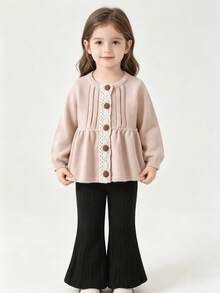 WUHUANG YIYI 2pcs/Set Girls Cute Round Neck Lace Waist Solid Color Sweater Top & Pants Set, Loose Fit For Daily Wear, Autumn/Winter - Pink - View 3