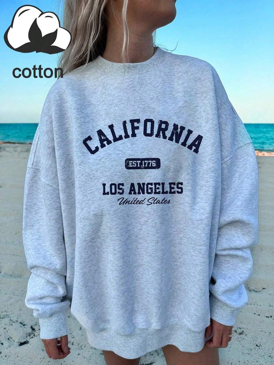 女款 California Los Angeles 字母印花秋冬休閒圓領長袖衛衣上衣 - 淺灰色 - 查看 1