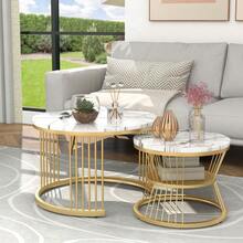 Set mit 2 modernen niedrigen Tischen - Rund - Marmoroptik - Marmorschichtung - Seitlicher Sofa - Runde Nesting-Tische - Beistelltisch - Niedriger Tisch - Weiss - Übersicht 1