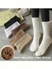 6 Pairs Women's Mid-Calf Socks For Spring And Autumn, Terry Bottom Sweat-Absorbent Odor-Resistant Sports Socks, Non-Slip Terry Long Socks - Multicolor - View 1