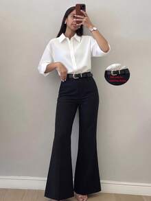 Women's Minimalist Design Flared Leg Casual Trousers, Suitable For Commuting, Office, Daily Wear, All Seasons Spring Black Fall - Black - View 4