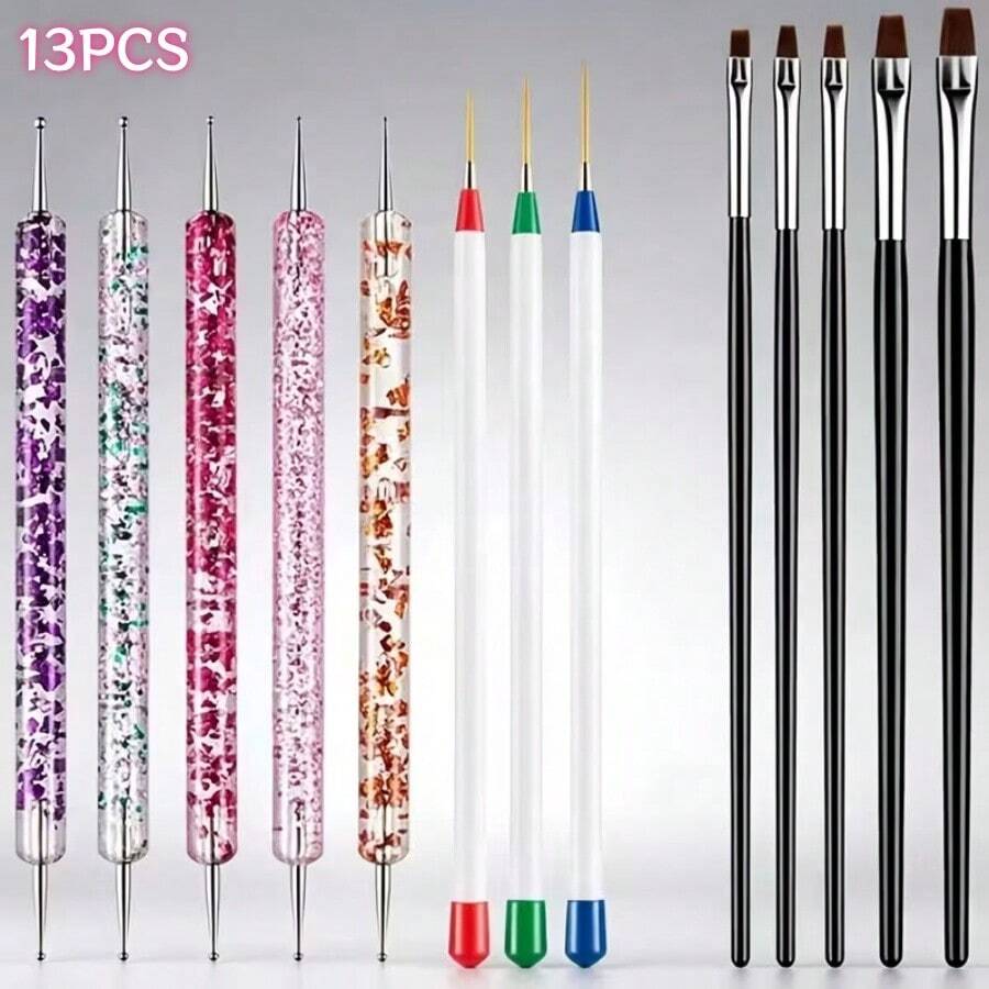 Nail Art Painting Brush Set, Dotting Pens, Flat Brushes, Suitable For Salon & Home Use - Multicolor - View 1