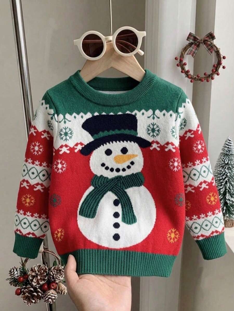 Young Boy Christmas Snowman Sweater Spring Autumn Winter - Green - View 1