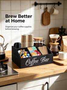 Coffee Bar Storage Organizer, Multi‑Compartment Caddy For Home Coffee Station Decor, Holder For Coffee Pods, Sugar Packets, Cups & Stirrers, Ideal For Kitchen Use - Black - View 9